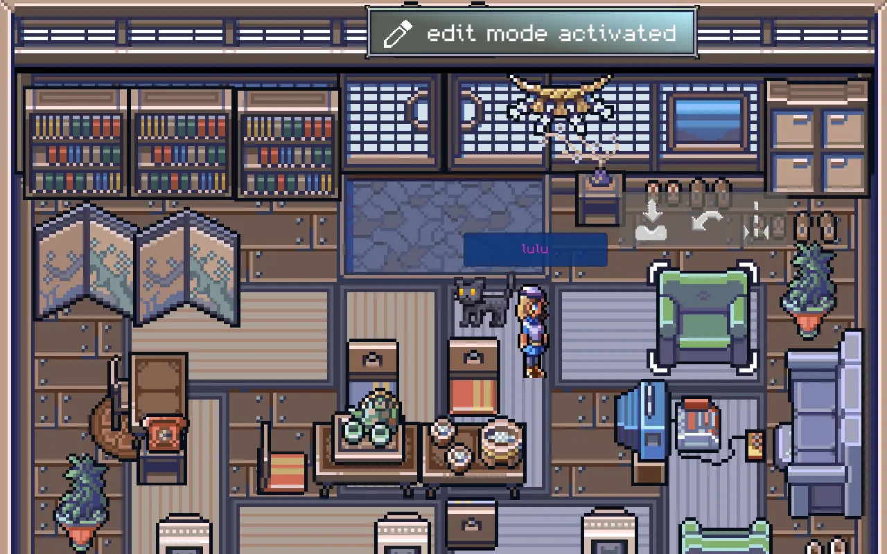 Home in edit mode, moving furniture around a room with bookshelves, armchairs, plants and computer desks