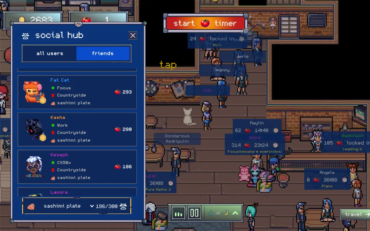 Social hub friends list showing what each friend is focusing on and which room they're in, next to a cafe full of people studying