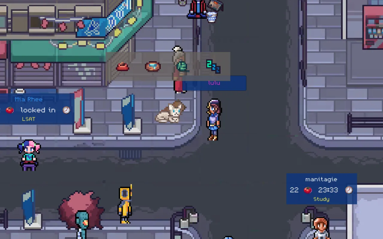A pet curled up next to its owner on a downtown street, with its food bowls and a ball of yarn, while other players study nearby