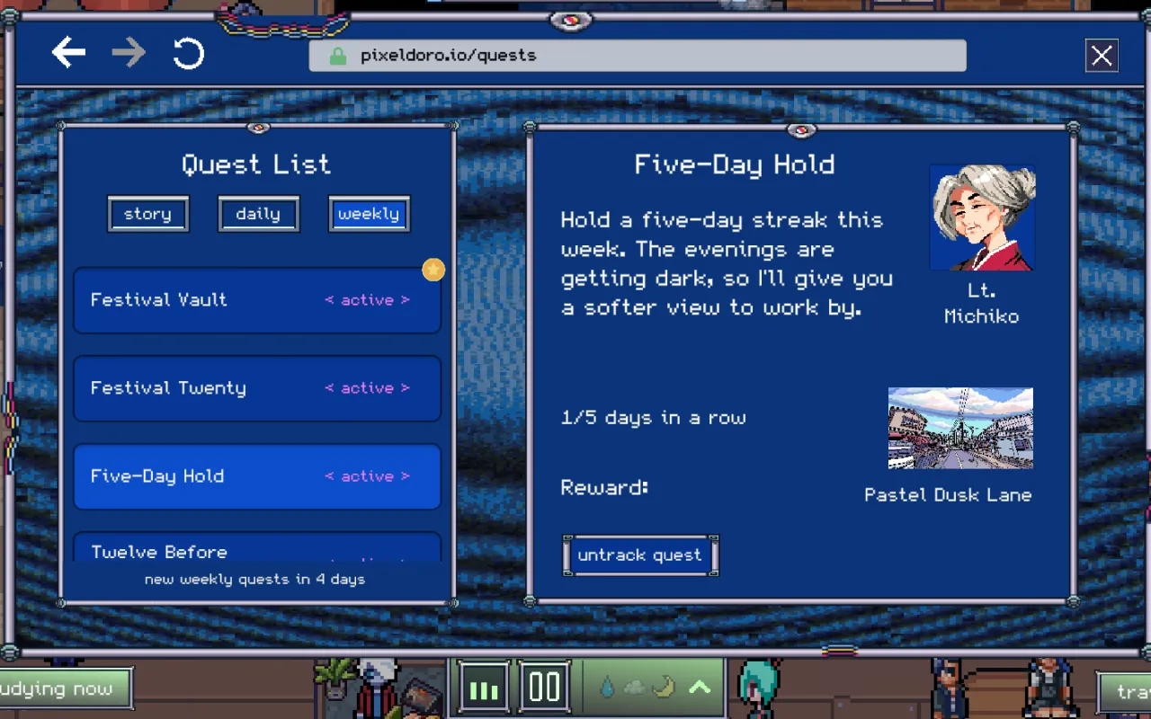 Quest book with story, daily and weekly quests: a five-day streak quest from Lt. Michiko that unlocks a new background