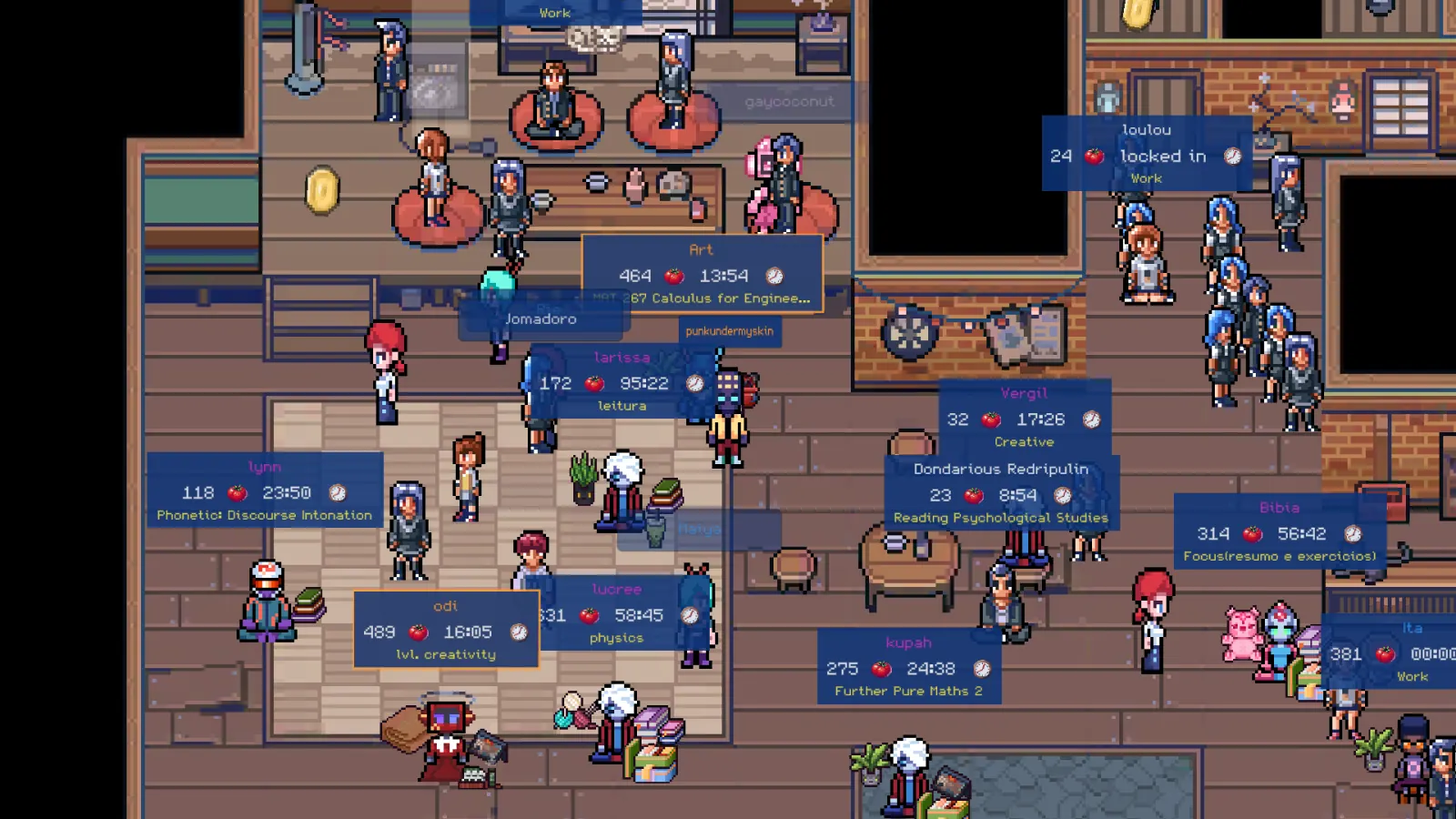 A busy bar with players at tables and on rugs, each showing their pomodoro count, timer and task