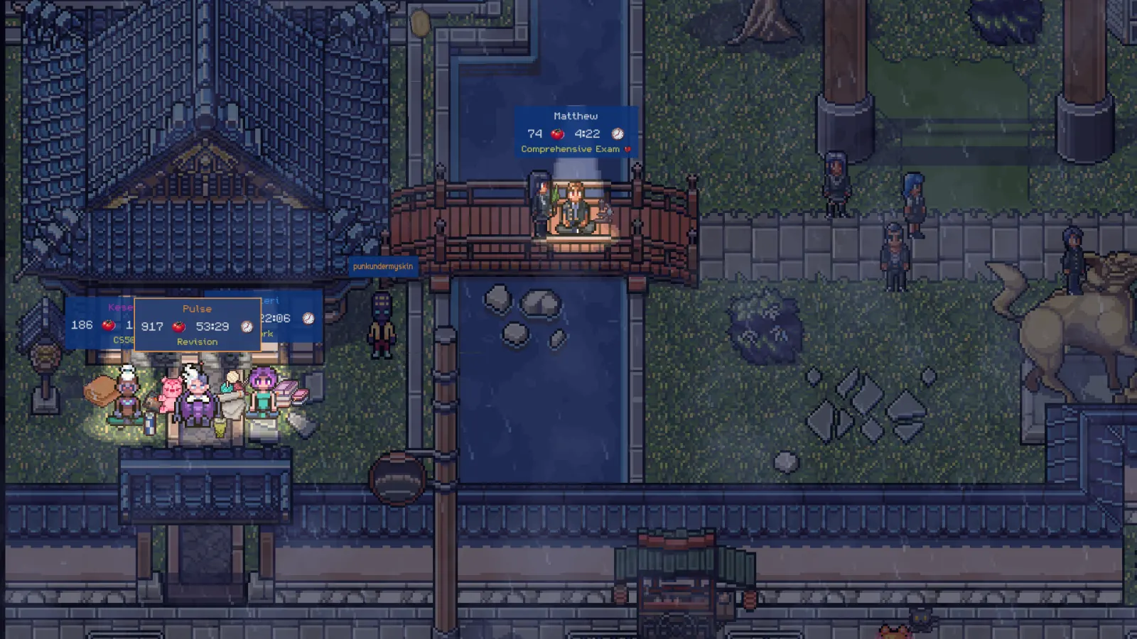Countryside at night: a shrine, a wooden bridge over a river and golden deer statues, with players studying under warm lamps