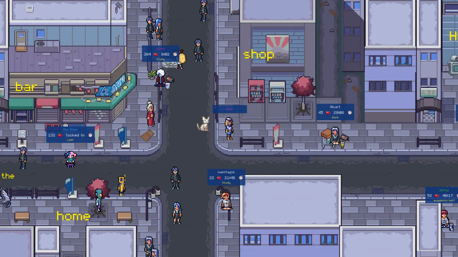 Downtown streets with the bar, the shop and home signposted, players walking around and studying on the sidewalks