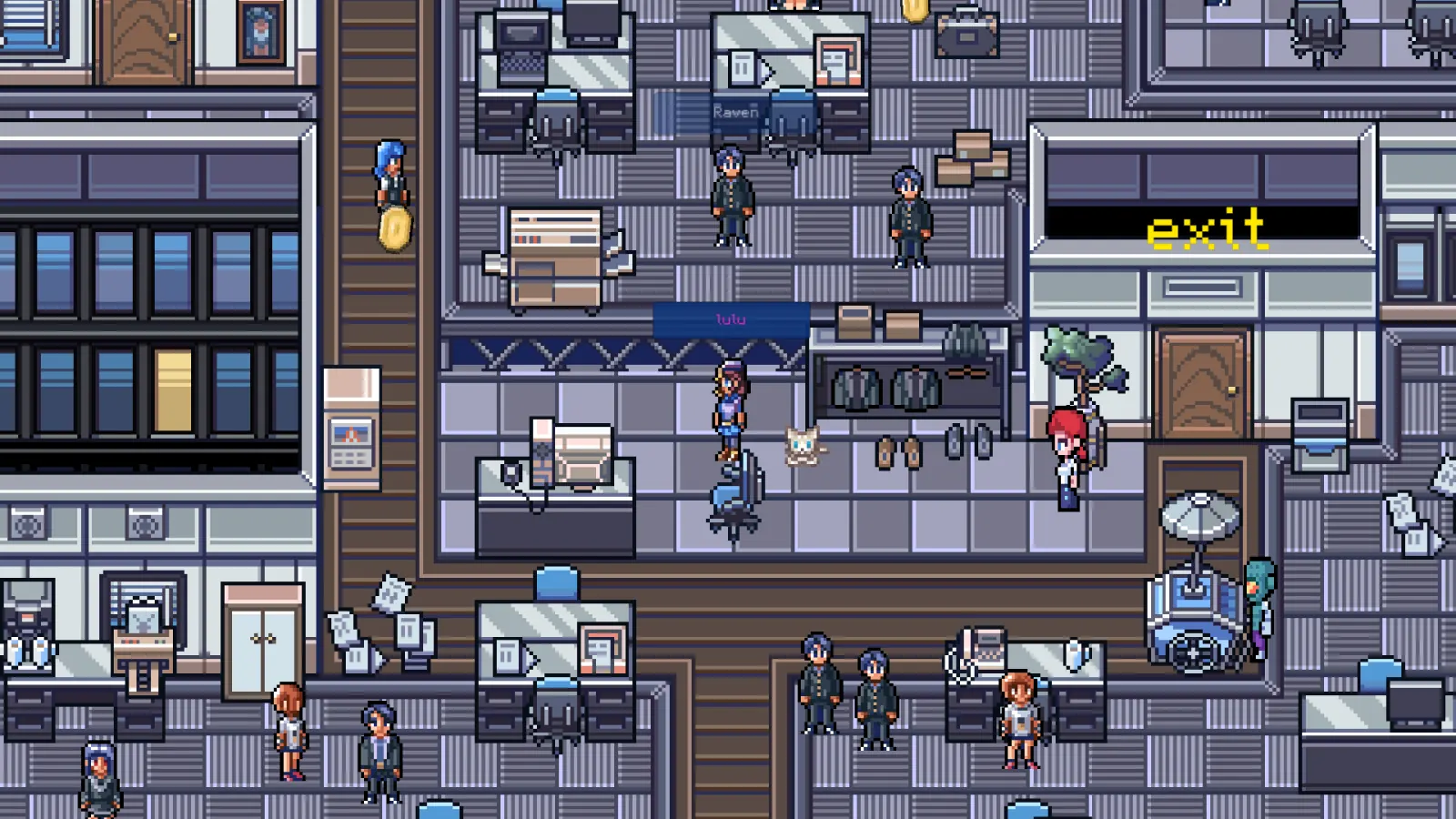 Pixeldoro HQ: an office with rows of desks, a printer and a coffee cart, players working at the desks