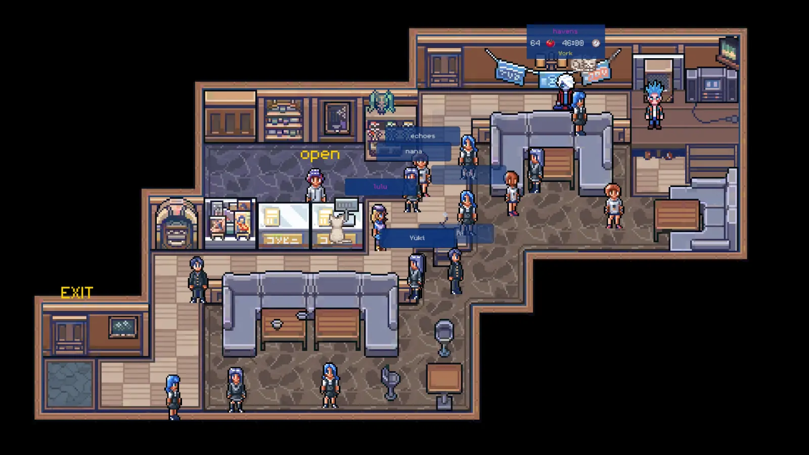 Inside the shop: a counter, shelves and couches, with players hanging out between sessions