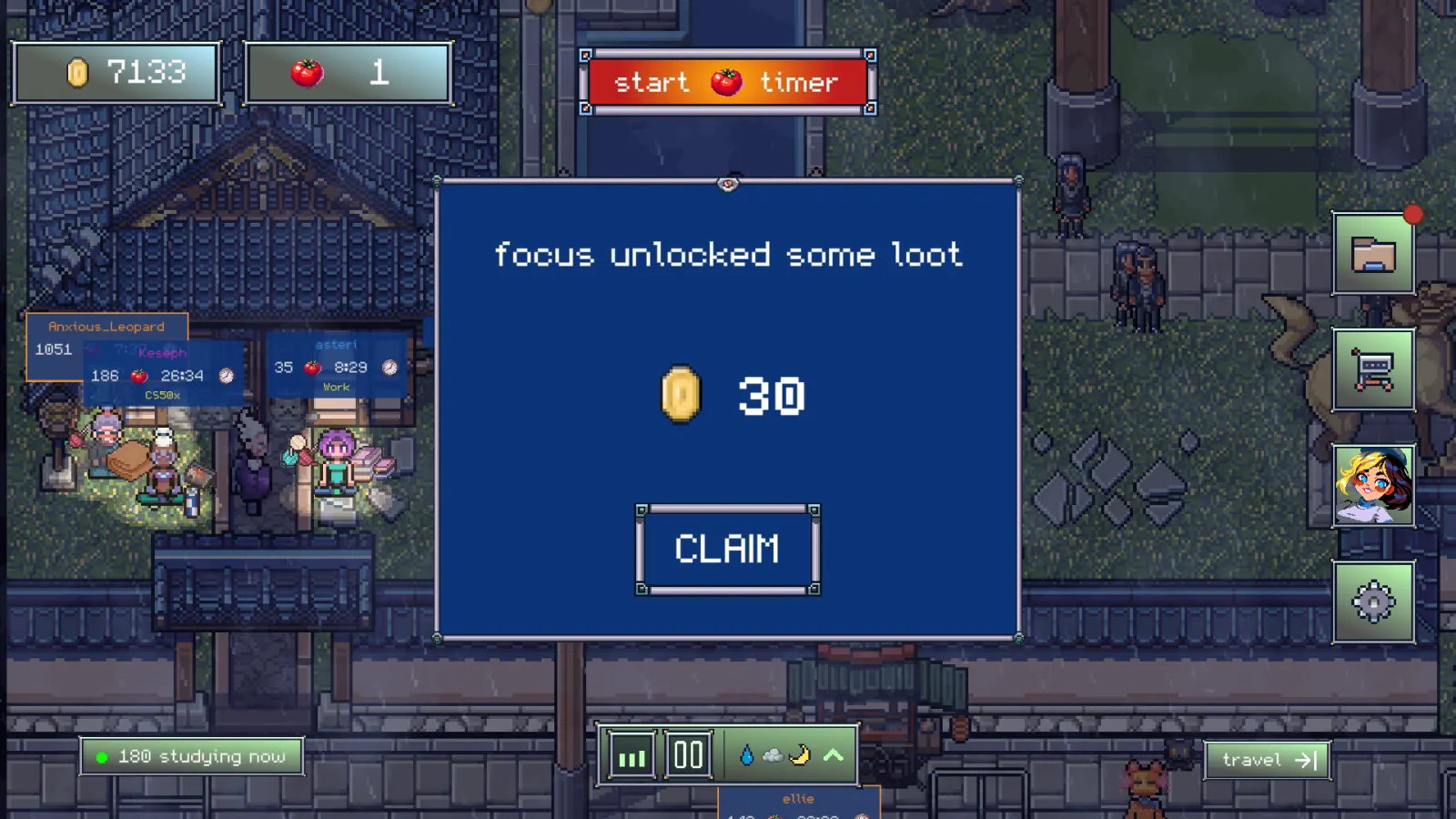 Reward screen after a finished focus session: focus unlocked some loot, 30 coins, claim