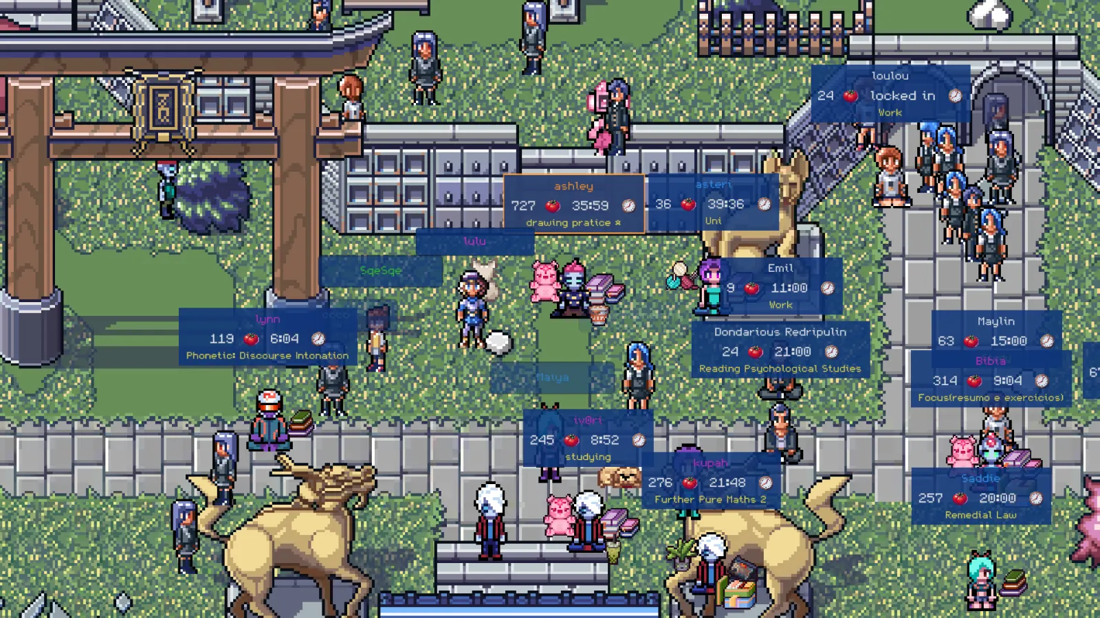 Pixel art countryside with a wooden shrine gate and golden deer statues, where other Pixeldoro users sit studying, each showing their pomodoro count, timer and task