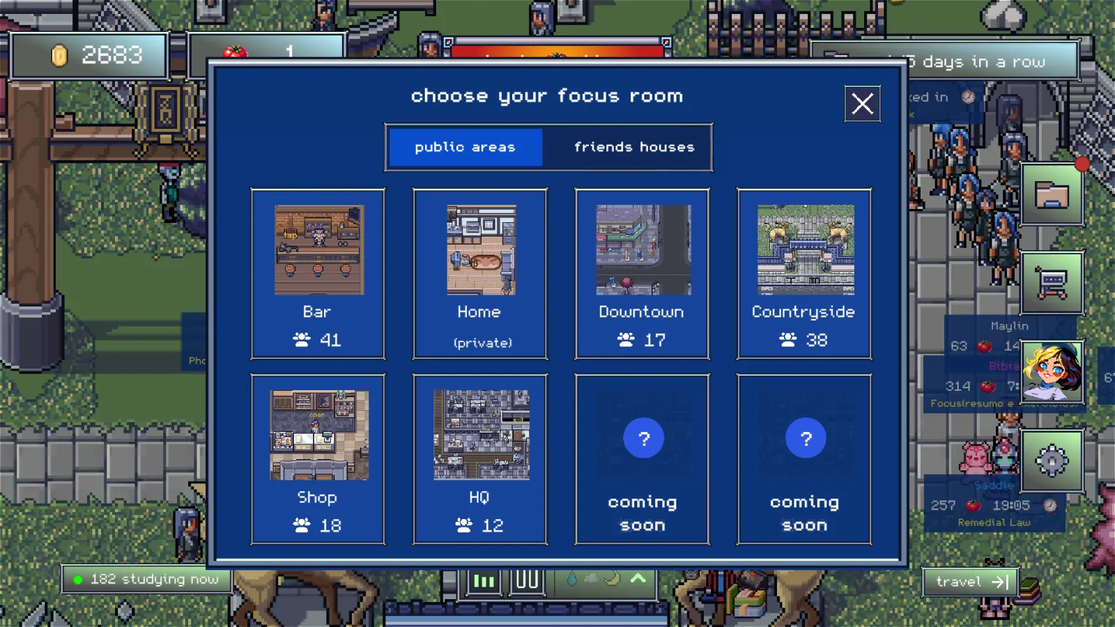 Focus room picker with public areas and friends' houses: Bar, Downtown, Countryside, Shop and HQ with live player counts, a private Home, and two rooms coming soon