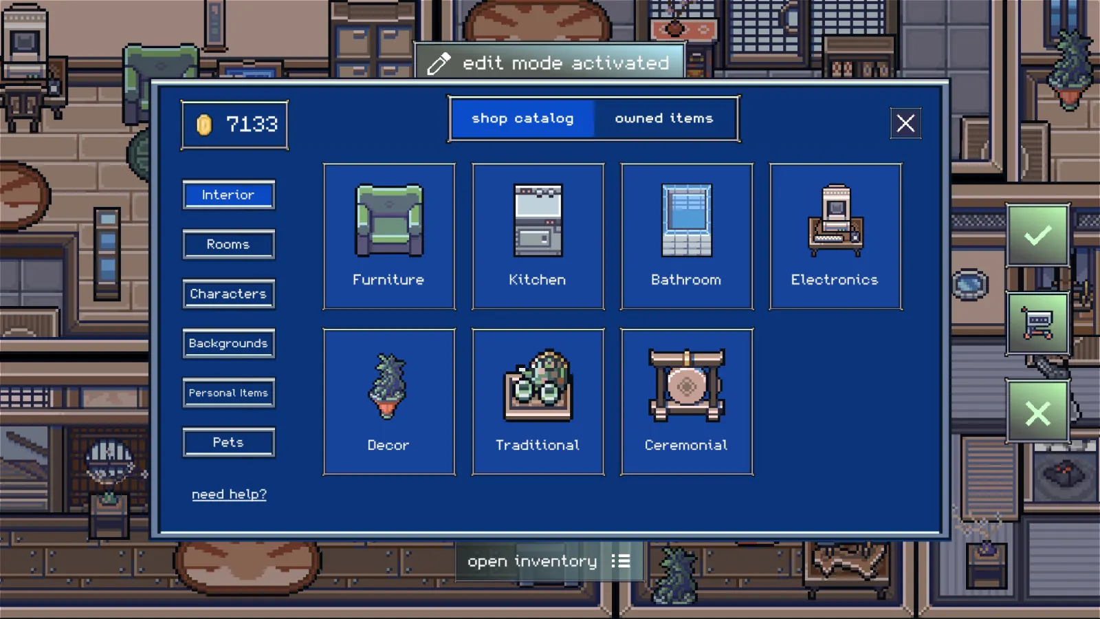 The in-game shop catalog with furniture, kitchen, bathroom, electronics, decor, traditional and ceremonial items, plus rooms, characters, backgrounds and pets