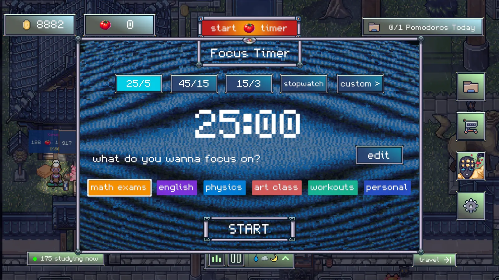 Focus timer screen: 25/5, 45/15, 15/3, stopwatch and custom presets, a 25:00 timer and colored focus tags like math exams, english and physics