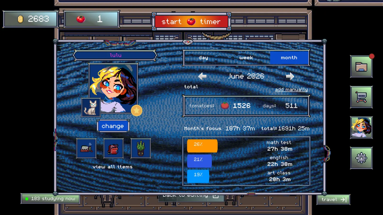 Profile and stats screen: 1,526 tomatoes over 511 days, 107 hours of focus in a month, 1,691 hours total, and time split by focus tag